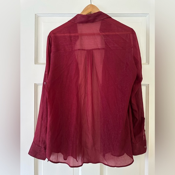 Express Burgundy Sheer Button-Up Blouse - Picture 2 of 6